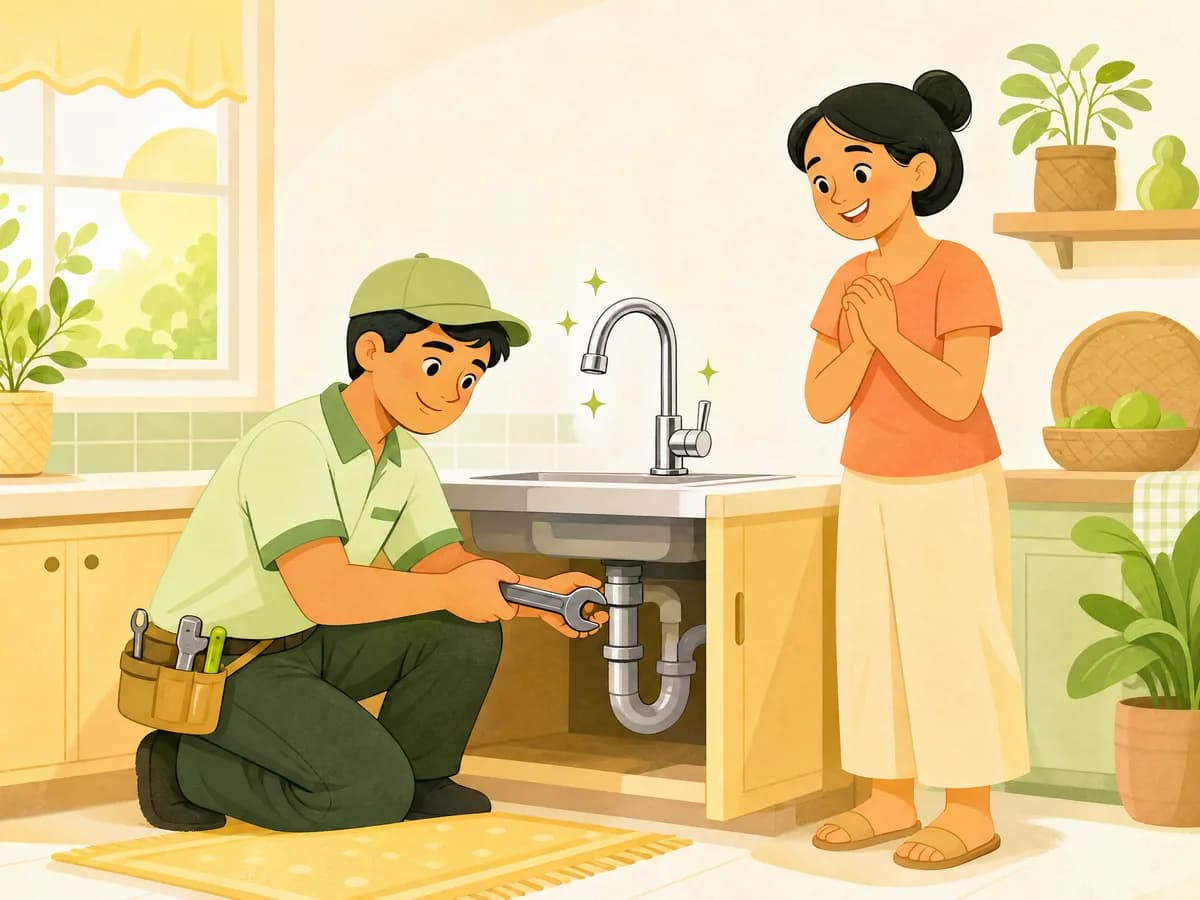 Illustration of a plumber fixing the kitchen sink while the happy homeowner watches