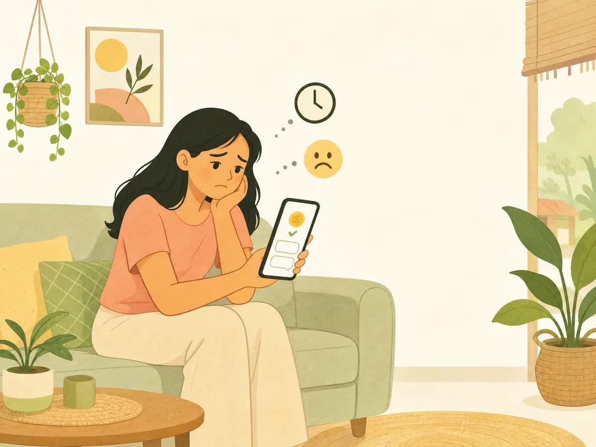 Illustration of a woman on the sofa frowning at her phone, waiting for a reply that does not come