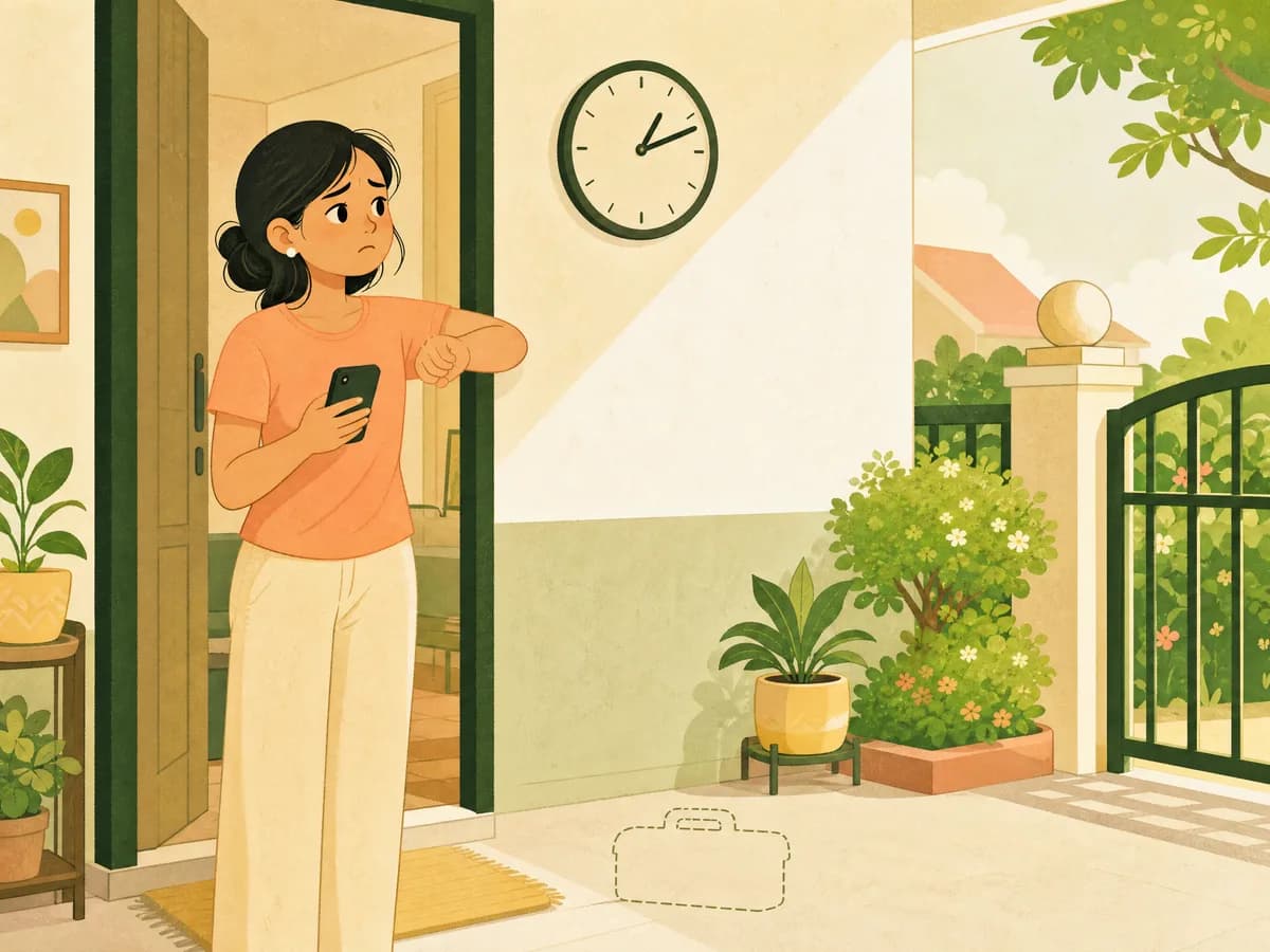 Illustration of a woman at her open door checking her phone and watch, still waiting for a worker who never came