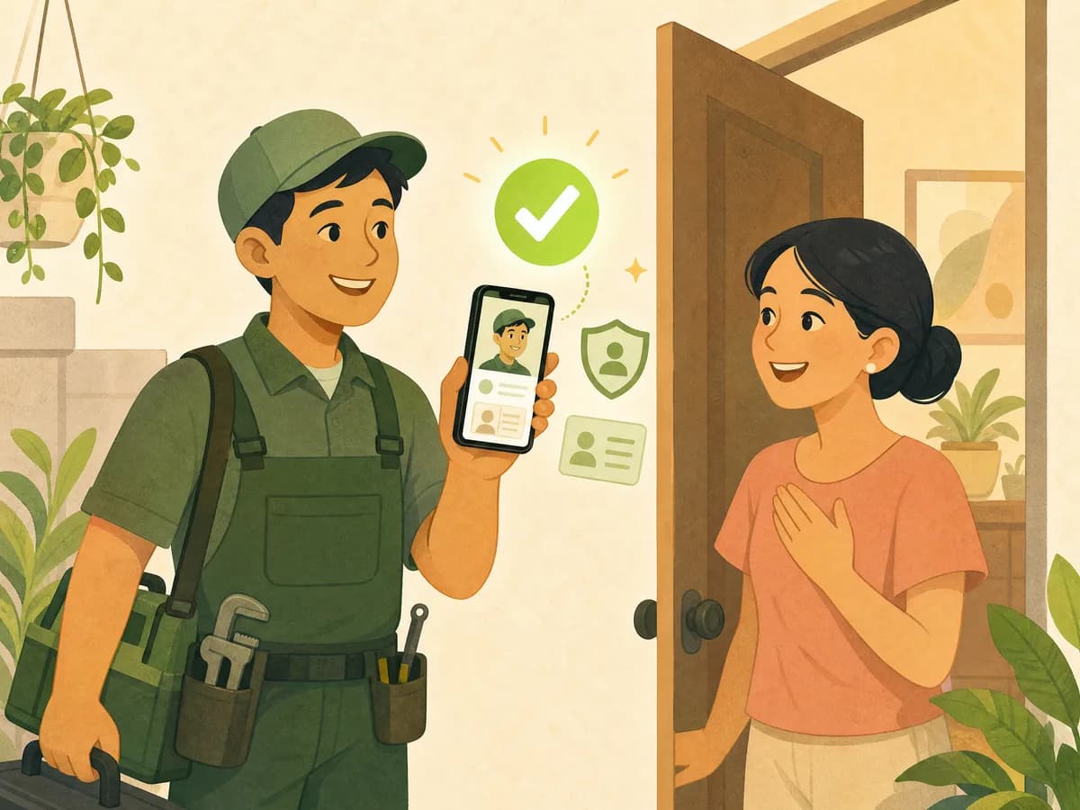 Illustration of a friendly worker at the door showing his verified profile on a phone to a smiling customer