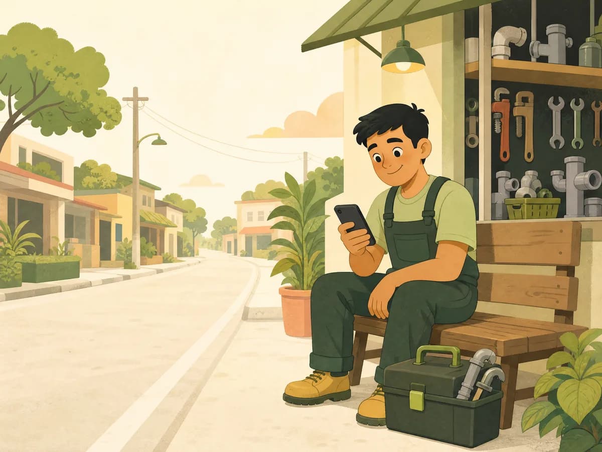 Illustration of a plumber sitting on a bench by a quiet street, checking his phone with no jobs coming in